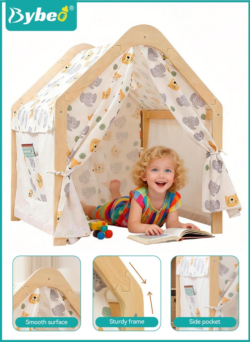 Bybeo Kids Play Tent, Wooden Children Tent House, Kids Playhouse with Side Storage Bags, Toddler Activity Center for Indoor & Outdoor for Girls Boys, Super Stable - Image 1